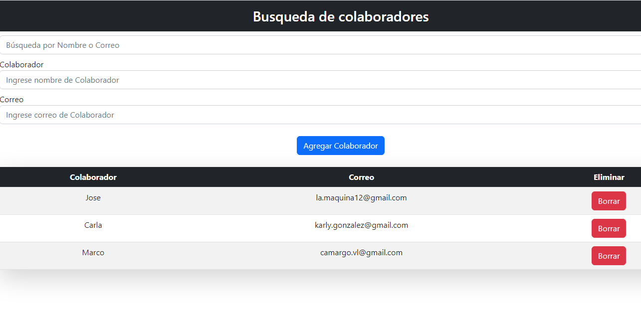 Image of the page where is a list of colaborators and 3 inputs to add a new colaborator or search for them