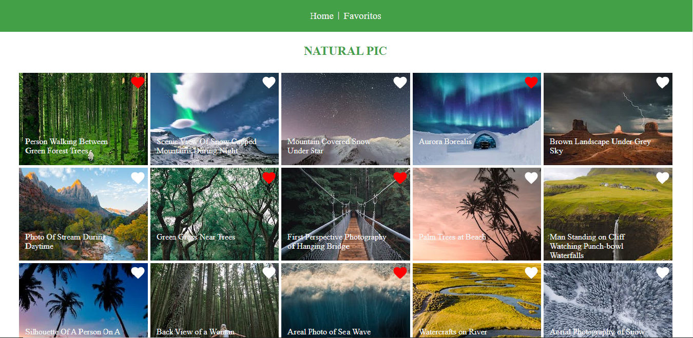 A page with diferent pictures from landscapes with hearts for give them a like