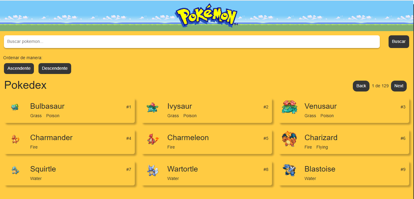 A landing page where you can see the first 9 pokemons and a navbar where you could search for more